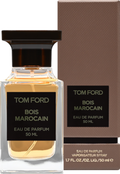 Tom Ford Bois Marocain EDP 50 ml: szklana butelka z bursztynowym płynem i ciemną nakrętką, z tyłu brązowe pudełko.