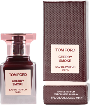 Tom Ford Cherry Smoke 30ml Eau de Parfum, ciemnoczerwona butelka z różową nakrętką obok pasującego opakowania.