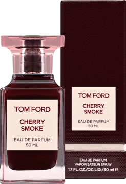 Ciemna butelka Tom Ford Cherry Smoke EDP 50ml i pasujące pudełko. Zapach drzewno-owocowy, unisex.
