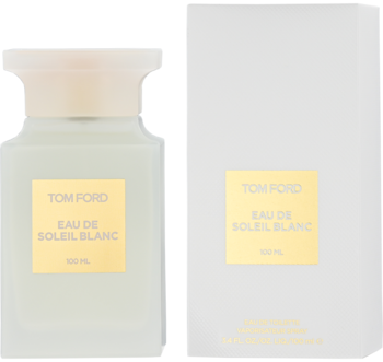 Tom Ford Eau De Soleil Blanc, ambrowo-kwiatowa woda toaletowa w matowej butelce i białym pudełku, widok z przodu.