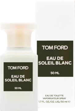 Tom Ford Eau De Soleil Blanc Eau de Toilette 50ml, biała butelka z beżową nakrętką i pudełko na białym tle.