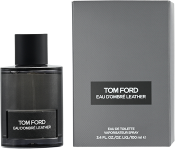 Tom Ford Eau D'Ombre Leather, męska woda toaletowa, ciemna butelka 100ml i szare opakowanie z brandingiem.
