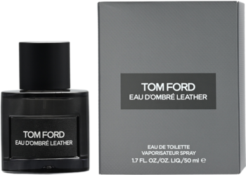 Tom Ford Eau D'Ombre Leather, czarna butelka męskiej wody toaletowej obok szarego opakowania, widok z przodu.