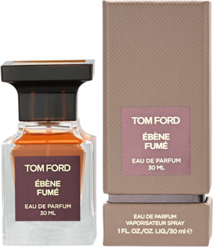 Tom Ford Ébène Fumé Eau de Parfum, bursztynowa butelka z ciemną etykietą obok brązowego pudełka 30ml.