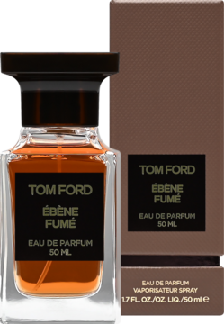 Tom Ford Ébène Fumé woda perfumowana 50 ml w szklanej butelce i matowym brązowym pudełku, widok z przodu.