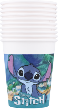 Stos białych papierowych kubeczków 200ml z nadrukiem postaci Disney Stitch na tropikalnym tle, widok z przodu.