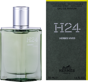 Męskie perfumy Hermès H24 Herbes Vives, butelka i pudełko. Zielony flakon z srebrnym korkiem, odświeżający zapach.