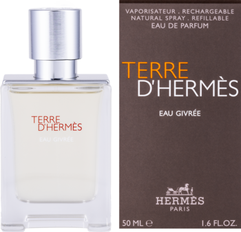 Hermès Terre d'Hermes Eau Givrée EDP, butelka 50ml i brązowe pudełko, widok z przodu.
