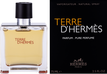 Męskie perfumy Hermès Terre d'Hermès 75ml: bursztynowa butelka i czarne opakowanie z logo Hermes, widok z przodu.