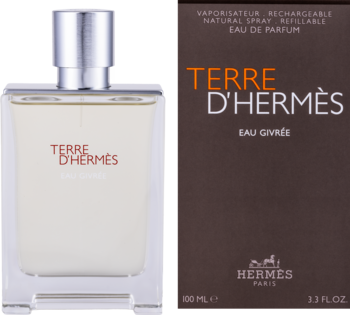 Hermès Terre d'Hermes Eau Givree, męska woda perfumowana. Widok z przodu: butelka obok brązowego pudełka.