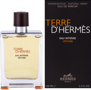 Męskie perfumy Hermès Terre D'Hermès Eau Intense Vetiver: butelka z brązowym korkiem obok czarnego pudełka.