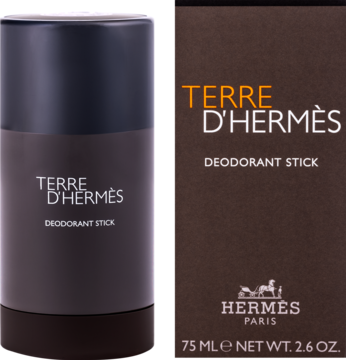 Dezodorant w sztyfcie Hermès Terre d'Hermès i brązowe pudełko, widok z przodu, z pomarańczowymi napisami.