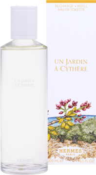 Hermès Un Jardin A Cythère woda toaletowa refill 200ml, butelka i białe pudełko z ilustracją, widok z przodu.