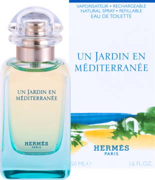 Hermès Un Jardin En Mediterranée woda toaletowa unisex, butelka gradientowa i białe opakowanie z widokiem morza.
