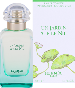 Hermès Un Jardin Sur Le Nil EDT w butelce z zielonym gradientem, obok białe opakowanie z zielonymi liśćmi lotosu.