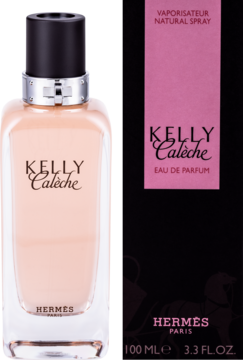 Hermès Kelly Caleche damska woda perfumowana, butelka obok czarnego opakowania z różowymi detalami.