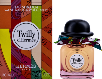 Hermès Twilly woda perfumowana 30ml: butelka z czarnym kapeluszem i kolorową apaszką obok wzorzystego pudełka.