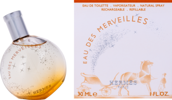 Hermès Eau des Merveilles 30ml, okrągła butelka z pomarańczowym płynem obok białego kartonika z rysunkiem konia.