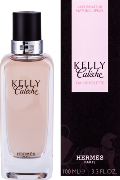 Damska woda toaletowa Hermès Kelly Calèche 100ml, butelka z różowym płynem obok ciemnego opakowania z napisami.