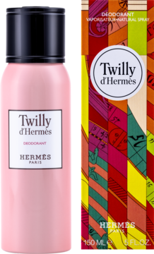 Damski dezodorant Hermès Twilly D'Hermès w różowej butelce i barwnym, wzorzystym pudełku, widok z przodu.