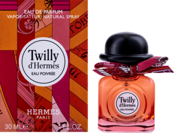 Hermès Twilly d'Hermès Eau Poivrée, flakon z czarnym korkiem-melonikiem i wzorzystym opakowaniem z przodu.
