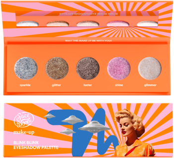 FaceBoom Blink Blink eyeshadow palette, 5 intense glittery shades: silver, light/dark brown, pink, cream in orange case.