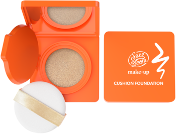 FaceBoom Make-Up podkład cushion 01 Light: pomarańczowy otwarty kompakt z beżową gąbką i puszkiem, obok pudełko.