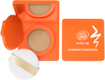 Pomarańczowy podkład FaceBoom Make-Up Nude w otwartej kasetce cushion z aplikatorem i zamkniętym opakowaniem.