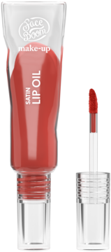 FaceBoom Make-Up nr 02 Dusty Rose Satin Lip Oil, przezroczysta tubka z czerwonym płynem, obok otwarty aplikator.