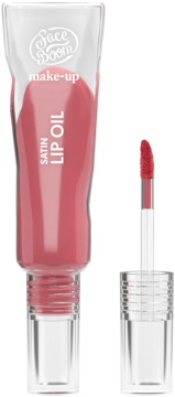 FaceBoom Make-Up Satin Lip Oil nr 03 Funky Pink, różowy, w przezroczystej tubce z widocznym aplikatorem.