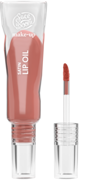 Przezroczysta tubka FaceBoom Satin Lip Oil 04 Fresh Coral oraz aplikator z koralowym olejkiem do ust.