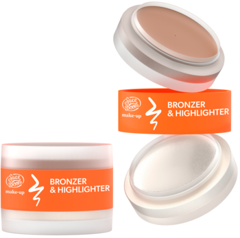 Kremowy bronzer i rozświetlacz Faceboom w otwartych słoiczkach, zbliżenie na truskawkowe formuły, z boku widoczna etykieta.