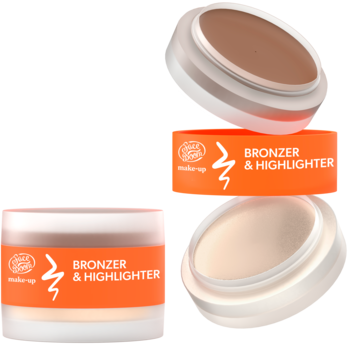 Kremowy bronzer i rozświetlacz Faceboom. Trzy matowe słoiczki z pomarańczową etykietą, otwarte z brązową i beżową formułą.