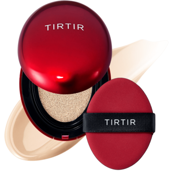 Otwarty, czerwony podkład TIRTIR Mask Fit Red Cushion 17W French Vanilla, z puszkiem i półmatowymi swatchami.