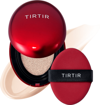 Czerwony, otwarty kompakt TIRTIR Mask Fit Red Cushion, półmatowy podkład z puszkiem, obok beżowe swatche.
