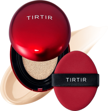 Czerwony podkład TIRTIR Mask Fit Red Cushion 17W French Vanilla, półmatowy. Otwarty kompakt, puszek i smugi.
