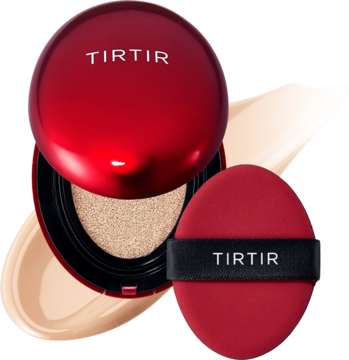 Czerwony podkład w kompakcie TIRTIR Mask Fit Red Cushion, otwarty, z puszkiem i próbką koloru 21C Cool Ivory.