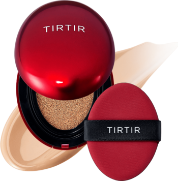 TIRTIR Mask Fit Red Cushion, otwarty, czerwony kompakt, półmatowy, z puszkiem i próbkami fluidu 25N Mocha.