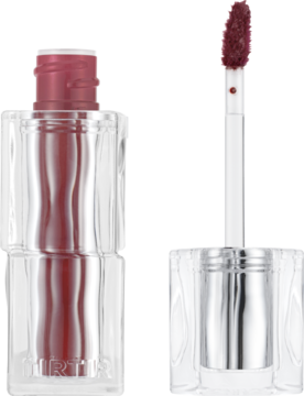 Tint do ust TIRTIR Waterism Glow Mauve Rose. Przezroczysta butelka z aplikatorem, błyszczyk, zbliżenie.