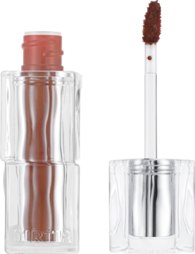 Tint do ust TIRTIR Waterism Glow Tint Fig Peach. Zbliżenie na butelkę i wyjęty aplikator z brzoskwiniowym tintem.