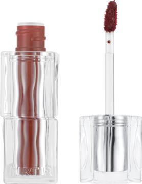 TIRTIR Waterism Glow Tint Scotch Shot, nawilżający tint do ust w odcieniu karmelowego brązu, butelka z aplikatorem obok.