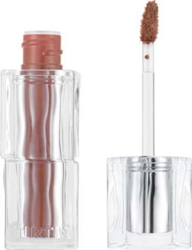 TIRTIR Waterism Glow Tint Salmon Syrup – tint do ust. Przezroczysta butelka i aplikator z brązowo-łososiowym kolorem.