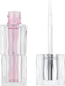 TIRTIR Waterism Lip Plumper, różowy brokatowy błyszczyk w przezroczystej tubie ze srebrnym aplikatorem obok.