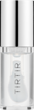 TIRTIR My Glow Honey Lip Oil, przezroczysta butelka z srebrną nakrętką i aplikatorem, widok z przodu.