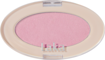 Laka DreamBeam, wegański rozświetlacz w kamieniu Pink Beam, różowy, świetliste wykończenie w owalnym beżowym opakowaniu.