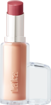 Laka Bonding Glow Depth, otwarta szminka z półtransparentnym, różowym sztyftem. Widoczny napis Laka i nakrętka obok.