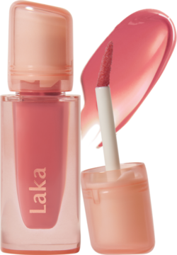 LAKA Jelling Nude żelowy błyszczyk Peach Ring w butelce, aplikator z brzoskwiniowo-różową formułą, widoczny swatch.