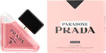 Prada Paradoxe Intense EDP: różowa, trójkątna butelka perfum i pudełko 50ml z logo, widok z przodu i pod kątem.