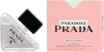 Prada Paradoxe Virtual Flower woda perfumowana. Przezroczysta, kanciasta butelka obok różowego pudełka.