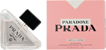 Prada Paradoxe Virtual Flower, damska woda perfumowana. Widok trójkątnej butelki i różowego opakowania z logo Prada.